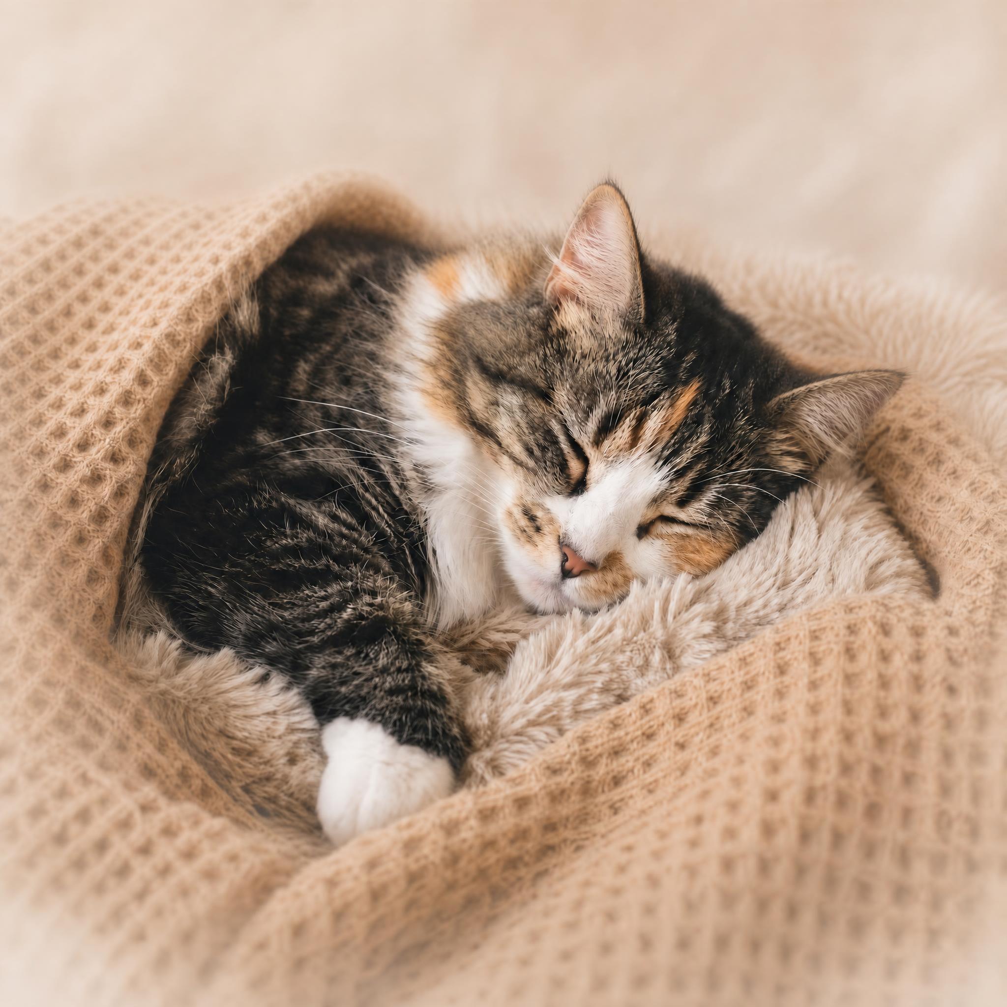 A calico cat sleeping peacefully, wrapped in a soft blanket at home